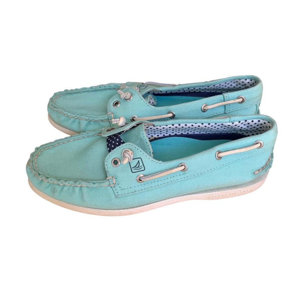 Sperry Top-Sider Womens 7M Aqua Turquoise Canvas Boat Shoes Polka Dot 9515768